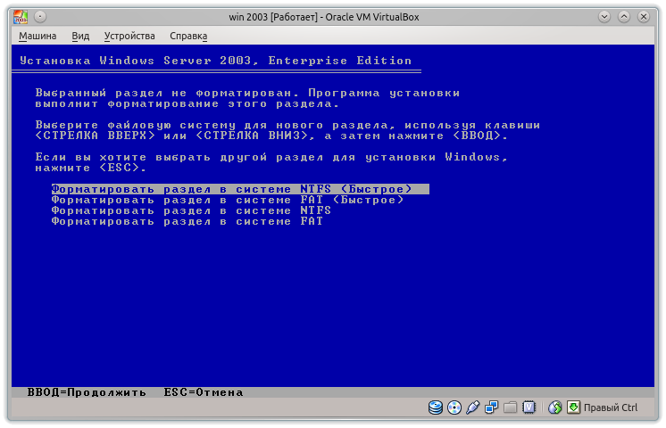 Выбор типа форматирования Windows 2003